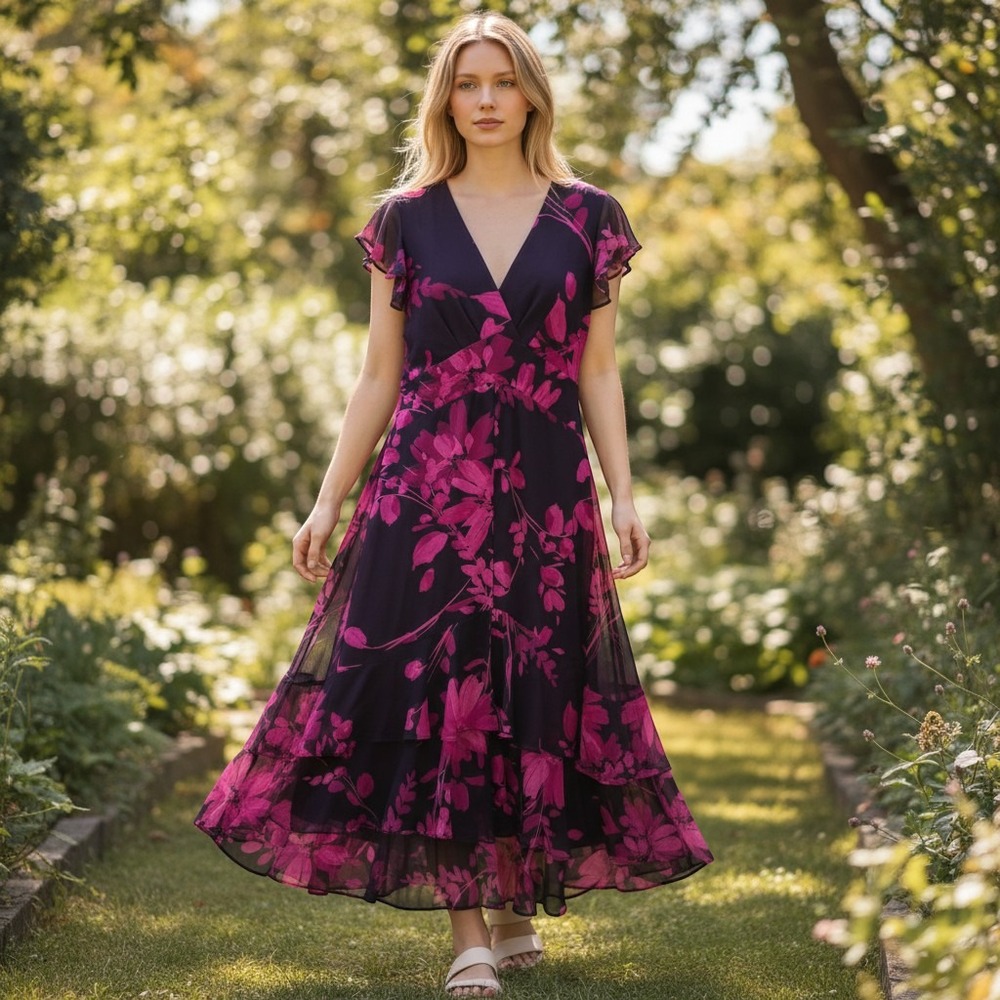 Tommy Hilfiger Floral Chiffon Maxi Dress Purple Pink Flutter Sleeve High Low 8